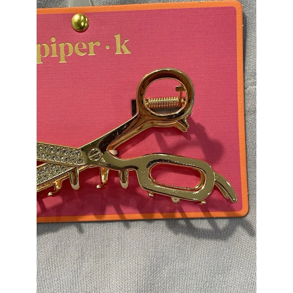 NEW Piper K Gold Colored Metal Scissor Hair Claw Clip Faux Diamonds Hairdresser